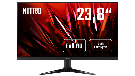 Ein schwarzer Gaming-Monitor von ACER Nitro QG241Y mit einem 23,8-Zoll-IPS-Display und einem schlanken Rahmen. Der Monitor verfügt über einen Standfuß und eine Neigungsfunktion. An der Rückseite befinden sich Anschlüsse für HDMI, VGA und Audio-Ausgang. Der Monitor bietet eine Full-HD-Auflösung von 1920 x 1080 Pixeln, eine schnelle Reaktionszeit von 1ms, eine Bildwiederholrate von 75 Hz und AMD FreeSync-Technologie. Es gibt auch eine Blaulichtfilter- und Flickerless-Technologie zum Schutz der Augen.