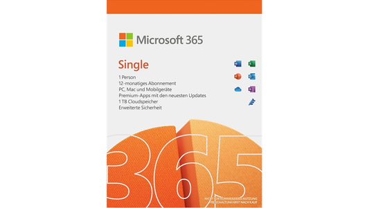 Microsoft 365 Single - Alle Office-Programme und mehr. Eine Lizenz für 1 Benutzer. Holen Sie sich jetzt das umfangreichste Paket von Microsoft 365 und genießen Sie alle Vorteile für ein Jahr