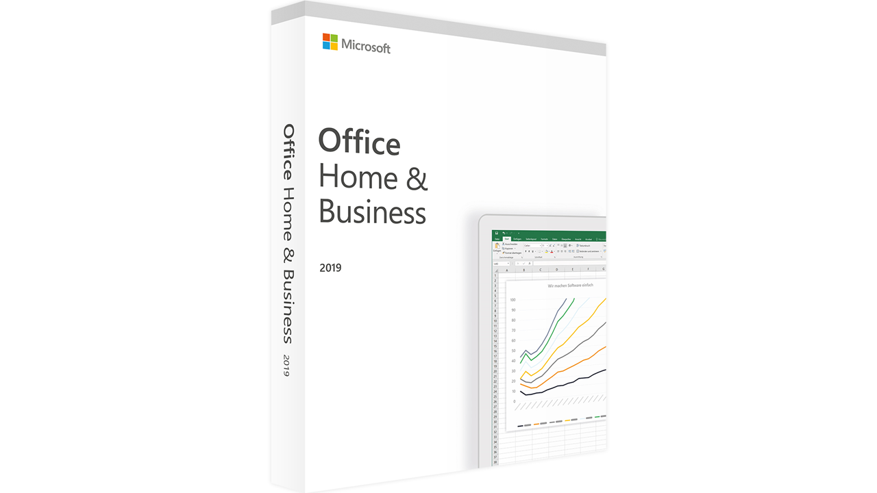 "Microsoft Office Home and Business 2019 - eine Software-Suite mit Word, Excel, PowerPoint, Outlook und OneNote-Logo auf weißem Hintergrund."