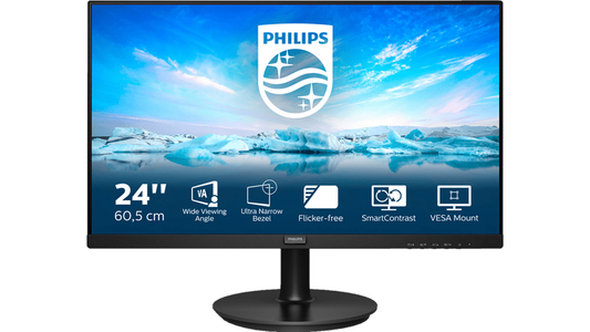 Ein schlanker Philips 241V8LA Full-HD-Monitor mit einer Bildschirmdiagonale von 23,8 Zoll. Der Monitor verfügt über ein IPS-Panel, einen Neigungswinkel von -5 bis 20 Grad und Anschlüsse für HDMI, VGA und Kopfhörer. Weitere Merkmale sind eine schnelle Reaktionszeit von 5ms, eine Bildwiederholrate von 60Hz und ein Kontrastverhältnis von 1000:1 (statisch) und 10.000.000:1 (dynamisch). 