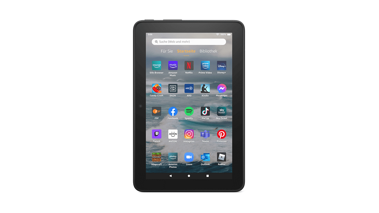 "Das Amazon Fire 7 (2022) Tablet in Schwarz: 7 Zoll IPS-Display, Quad-Core-Prozessor, 16 GB Speicherplatz (erweiterbar bis zu 1 TB), 2 MP Kameras, WLAN, Bluetooth 5.0, USB 2.0. Akkulaufzeit von bis zu 7 Stunden. Kompakte Abmessungen von 192 x 111 x 9,2 mm und ein Gewicht von 286 g."