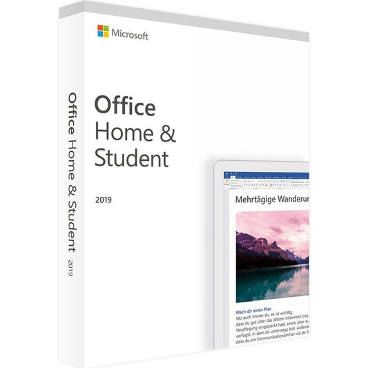 "Microsoft Office Home and Student 2019 - eine Software-Suite mit Word, Excel, PowerPoint und OneNote-Logo auf weißem Hintergrund."