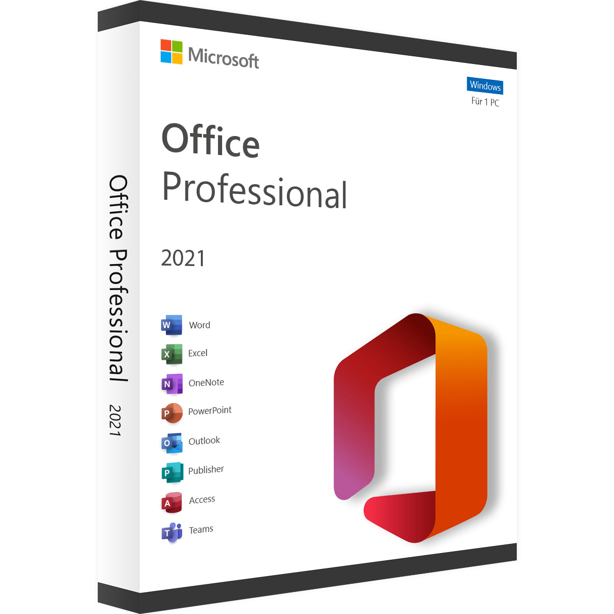 "Microsoft Office Professional 2021 - eine Software-Suite mit Word, Excel, PowerPoint, Outlook, OneNote, Publisher und Access-Logo auf weißem Hintergrund."