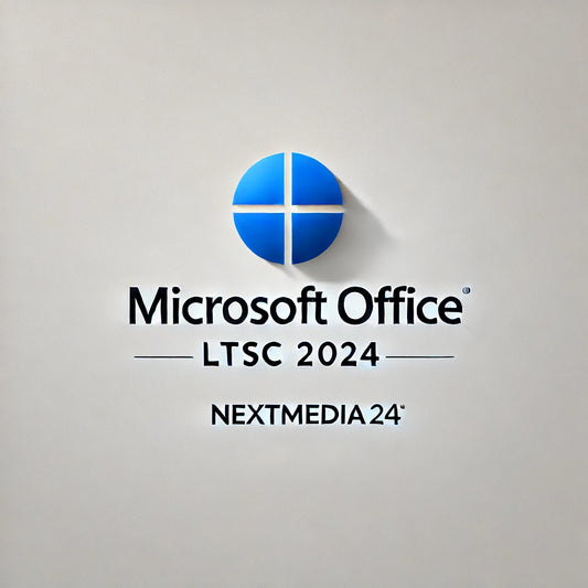 Microsoft Office LTSC 2024 Logo und Nextmedia24 Logo, schlichtes Design mit klarem, professionellem Stil und weißem Hintergrund, das die Partnerschaft zwischen Microsoft und Nextmedia24 betont