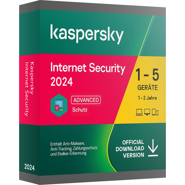 Ein Sicherheitsschild umgibt ein einzelnes Gerät, das Kaspersky Internet Security 2024 1 Gerät 1 Jahr symbolisiert.