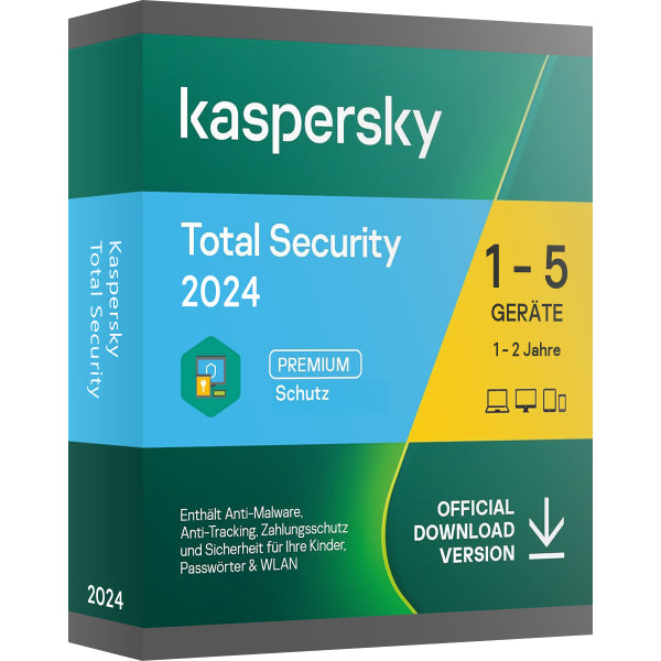 Ein Sicherheitsschild umgibt fünf verschiedene Geräte, das Kaspersky Total Security 2024 5 Geräte 1 Jahr symbolisiert.