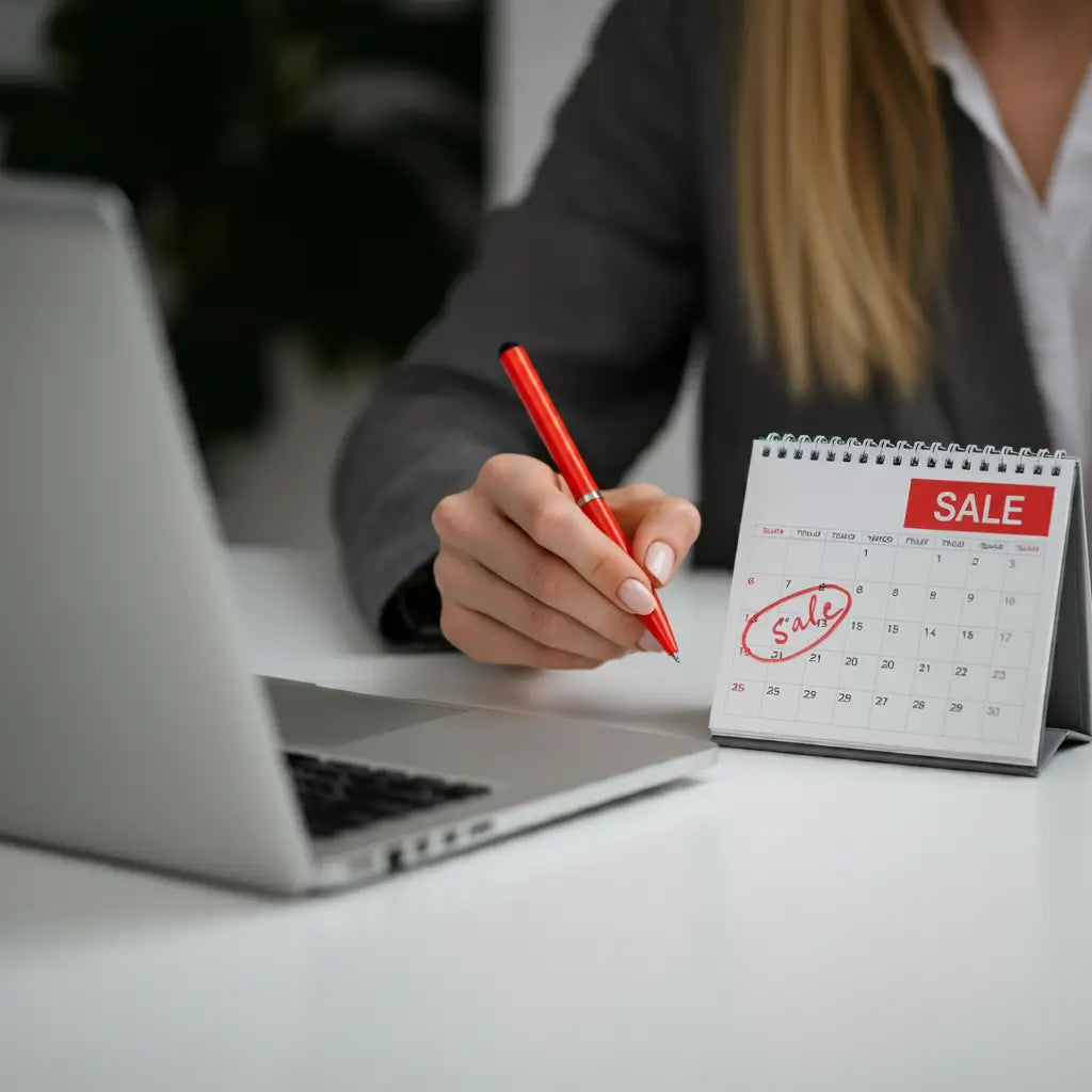 Sales ,Angebot Bild.Eine Frau mit einem roten Stift und einem Laptop und einem Kalender .